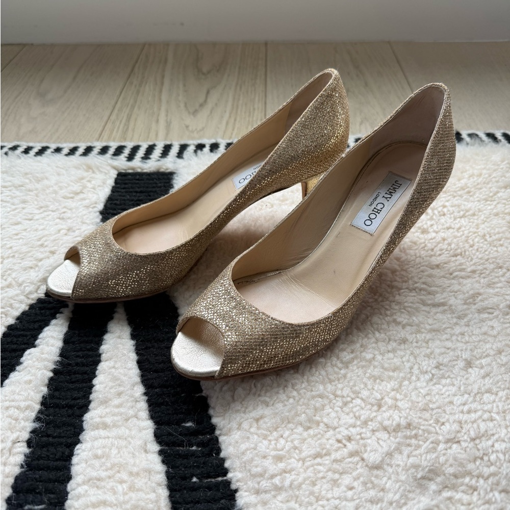 Jimmy Choo Glittering Gold Peep-Toe Heels